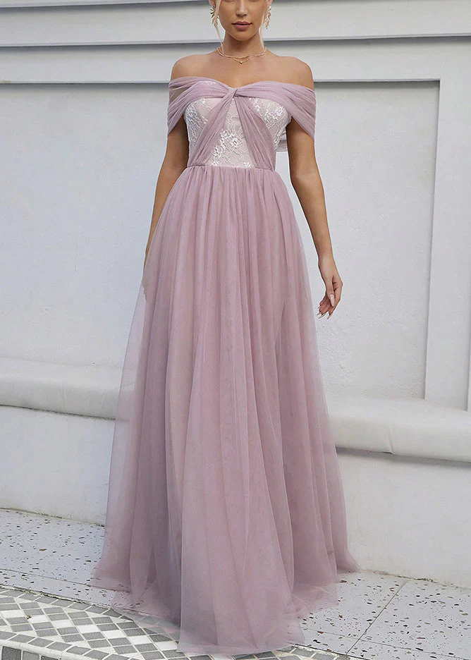 Pink Backless Wrinkled Tulle Summer Ankle Dress Slash Neck - Image 2