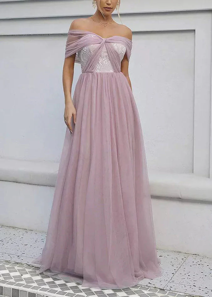Pink Backless Wrinkled Tulle Summer Ankle Dress Slash Neck - Image 3
