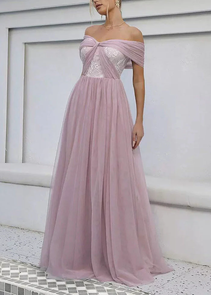 Pink Backless Wrinkled Tulle Summer Ankle Dress Slash Neck - Image 4