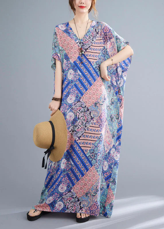 Pink Blue Patchwork Vacation Cotton Maxi Dresses Summer - Image 2