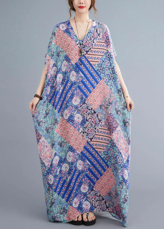Pink Blue Patchwork Vacation Cotton Maxi Dresses Summer - Image 3