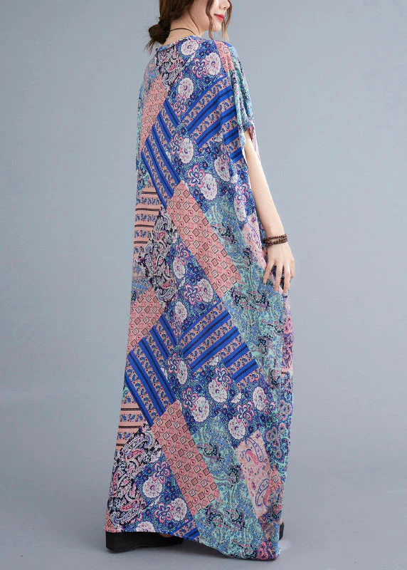 Pink Blue Patchwork Vacation Cotton Maxi Dresses Summer - Image 4