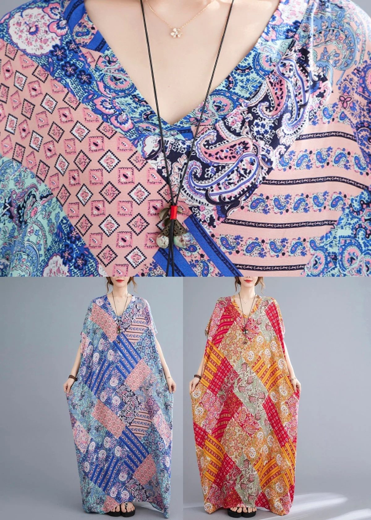 Pink Blue Patchwork Vacation Cotton Maxi Dresses Summer - Image 5