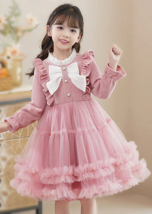 Pink Bow Patchwork Tulle Baby Girls Princess Dress Ruffled Fall - Image 2