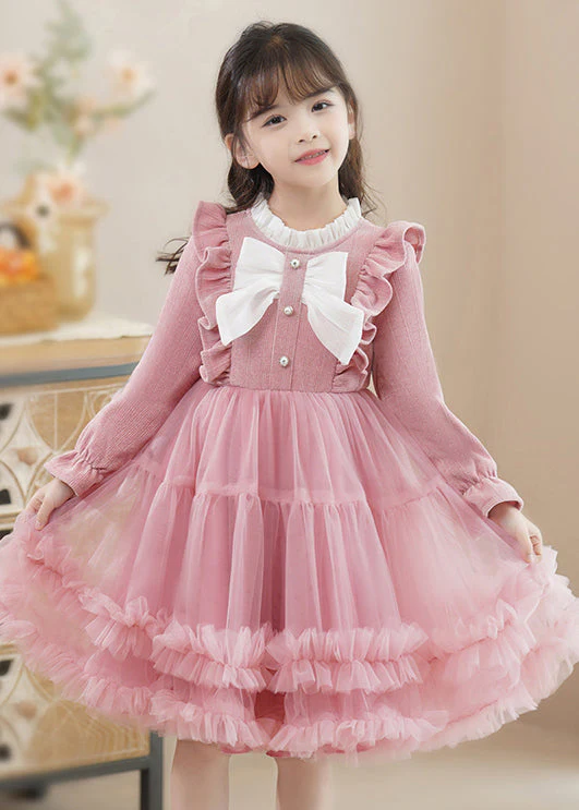 Pink Bow Patchwork Tulle Baby Girls Princess Dress Ruffled Fall - Image 3