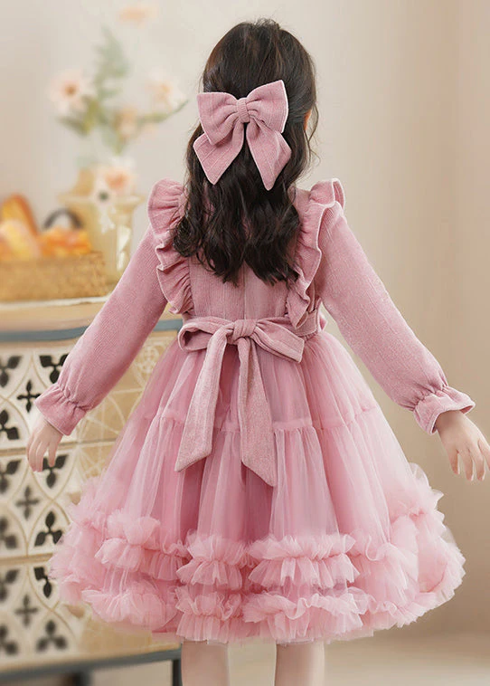 Pink Bow Patchwork Tulle Baby Girls Princess Dress Ruffled Fall - Image 4