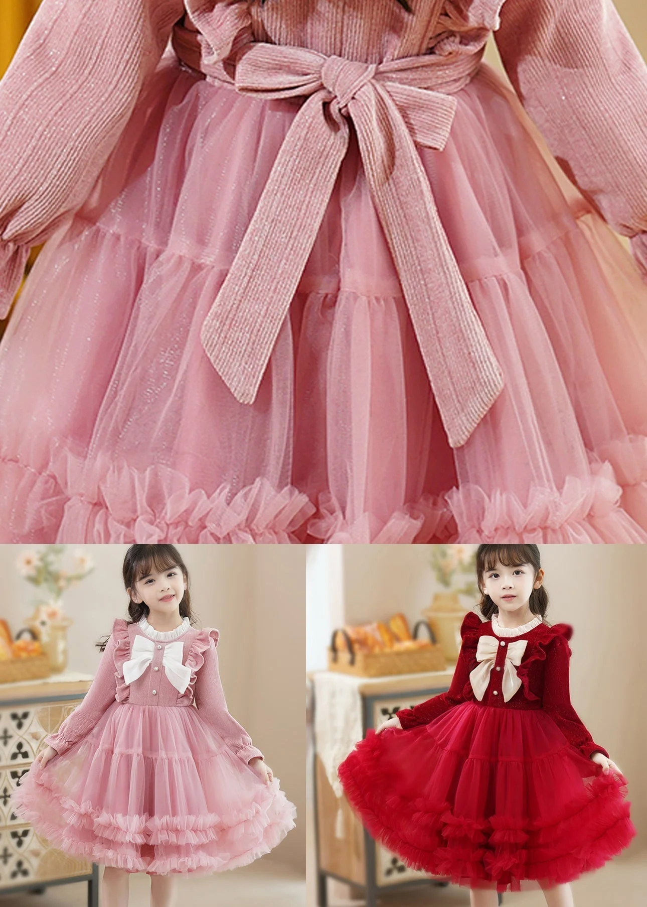 Pink Bow Patchwork Tulle Baby Girls Princess Dress Ruffled Fall - Image 5