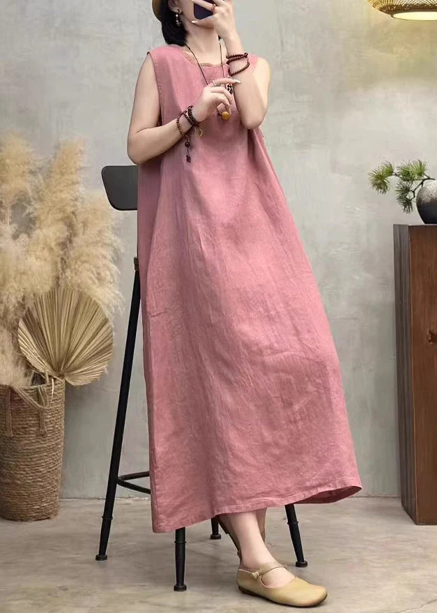 Pink Button Back Side Open Linen Dresses O Neck Summer - Image 3