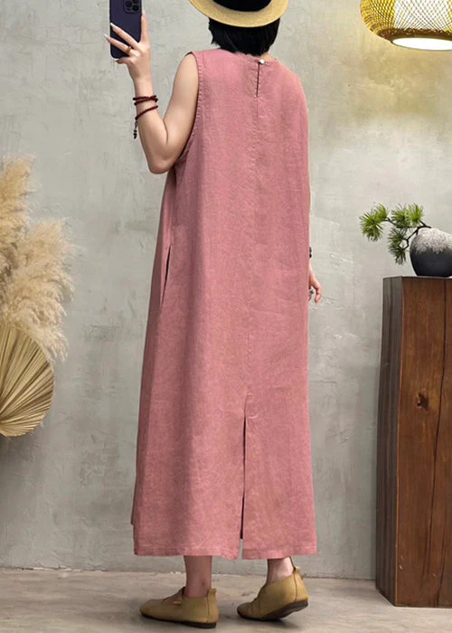 Pink Button Back Side Open Linen Dresses O Neck Summer - Image 4