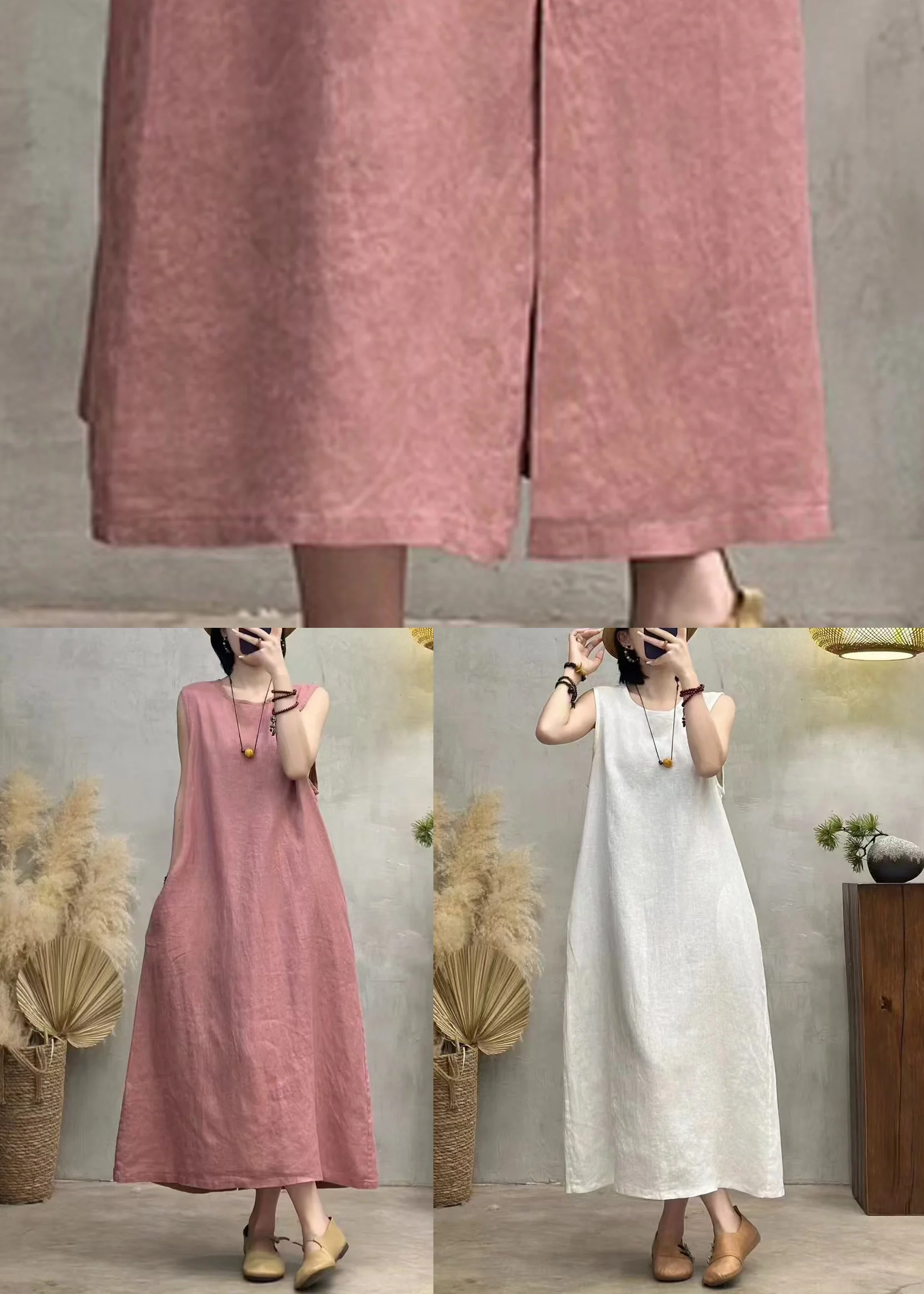 Pink Button Back Side Open Linen Dresses O Neck Summer - Image 5