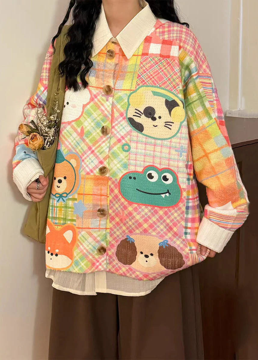 Pink Button Cartoon Print Knit Sweater Tops O Neck Spring - Image 4