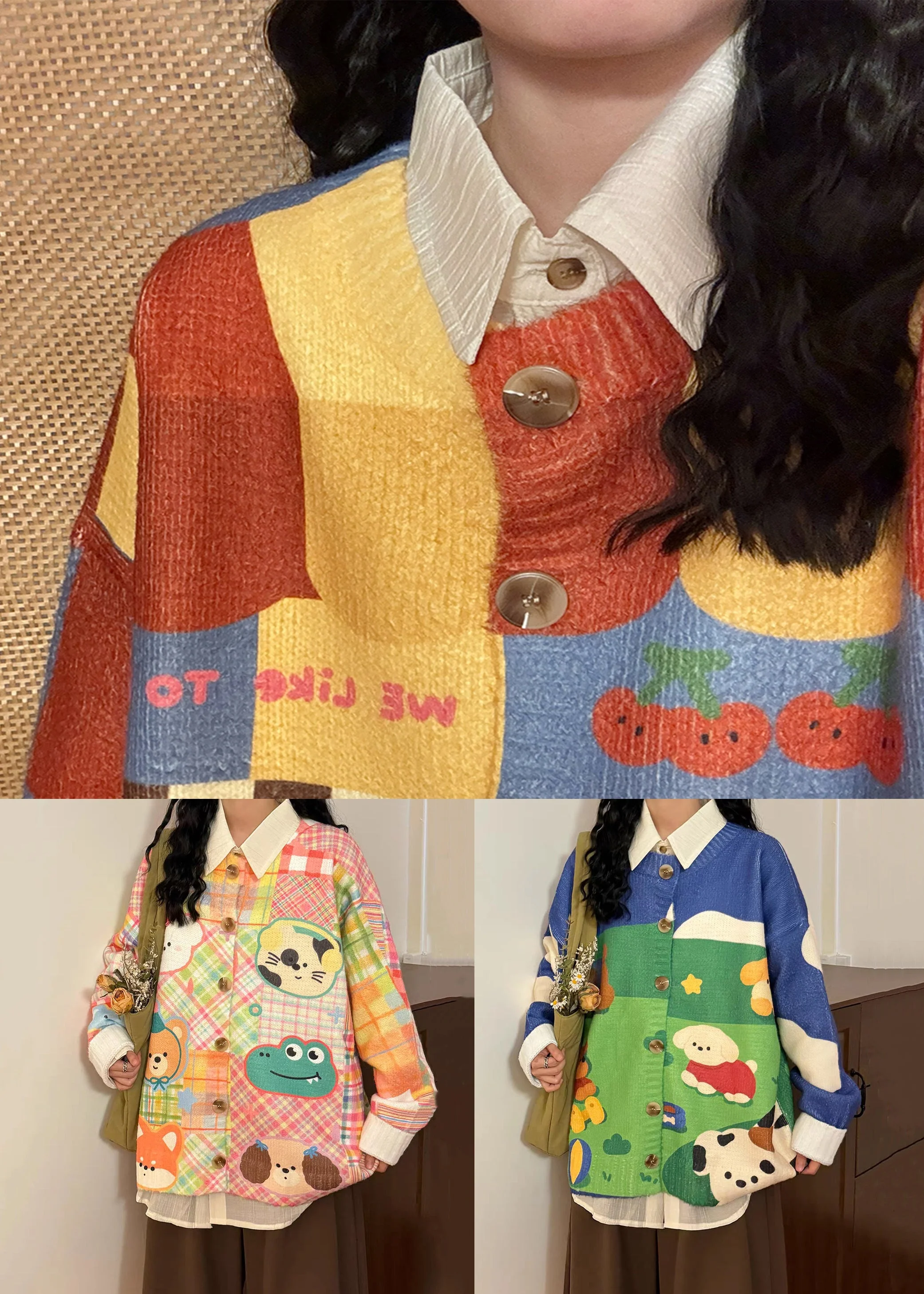 Pink Button Cartoon Print Knit Sweater Tops O Neck Spring - Image 5