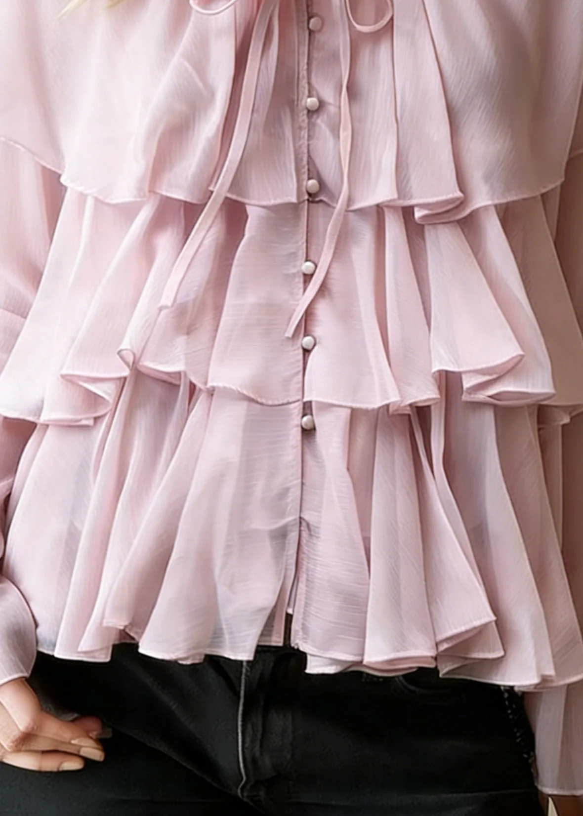 Pink Button Lace Up Cotton Blouses Ruffled Spring - Image 4