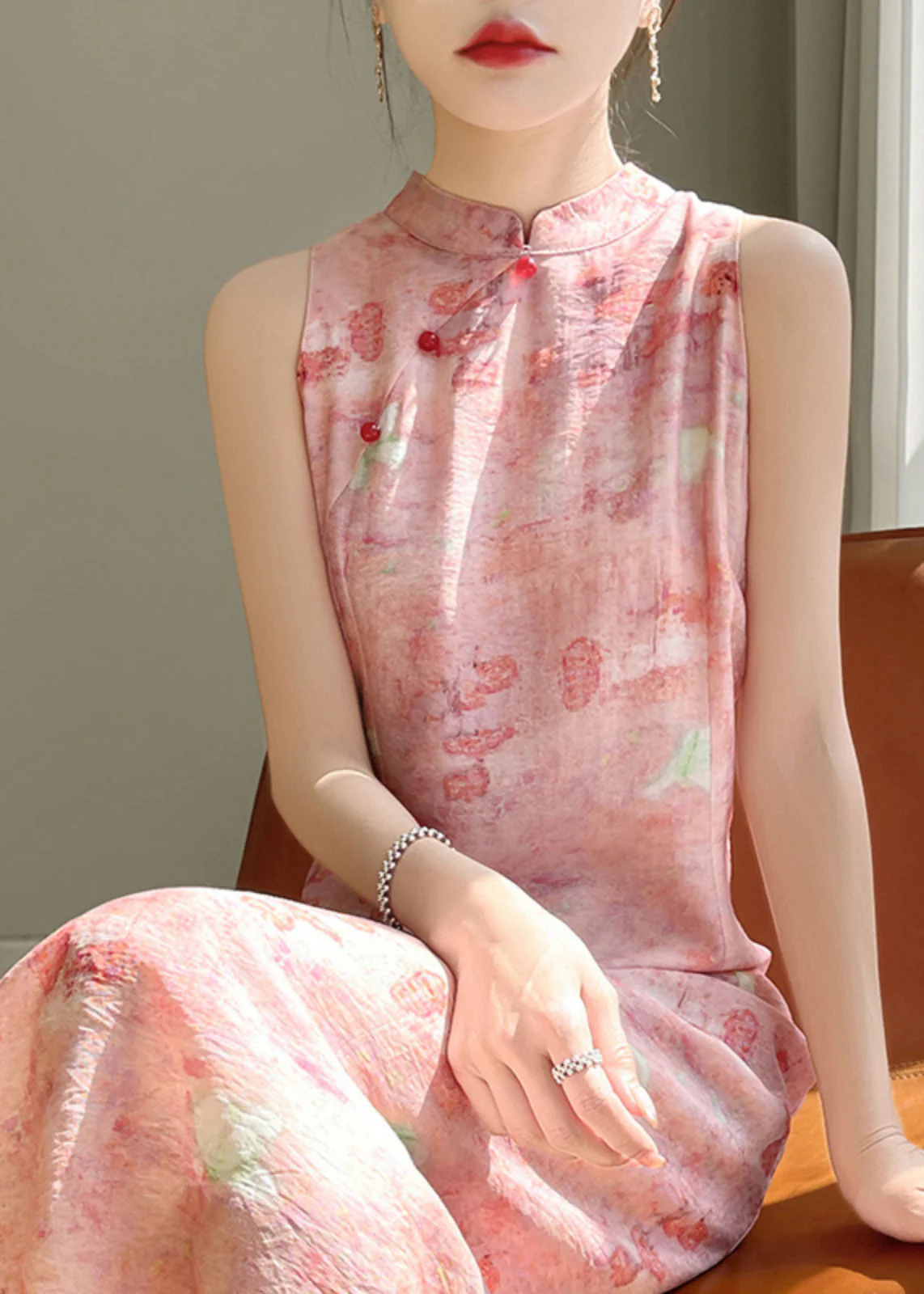 Pink Button Silk Cotton Long Dresses Stand Collar Summer - Image 3