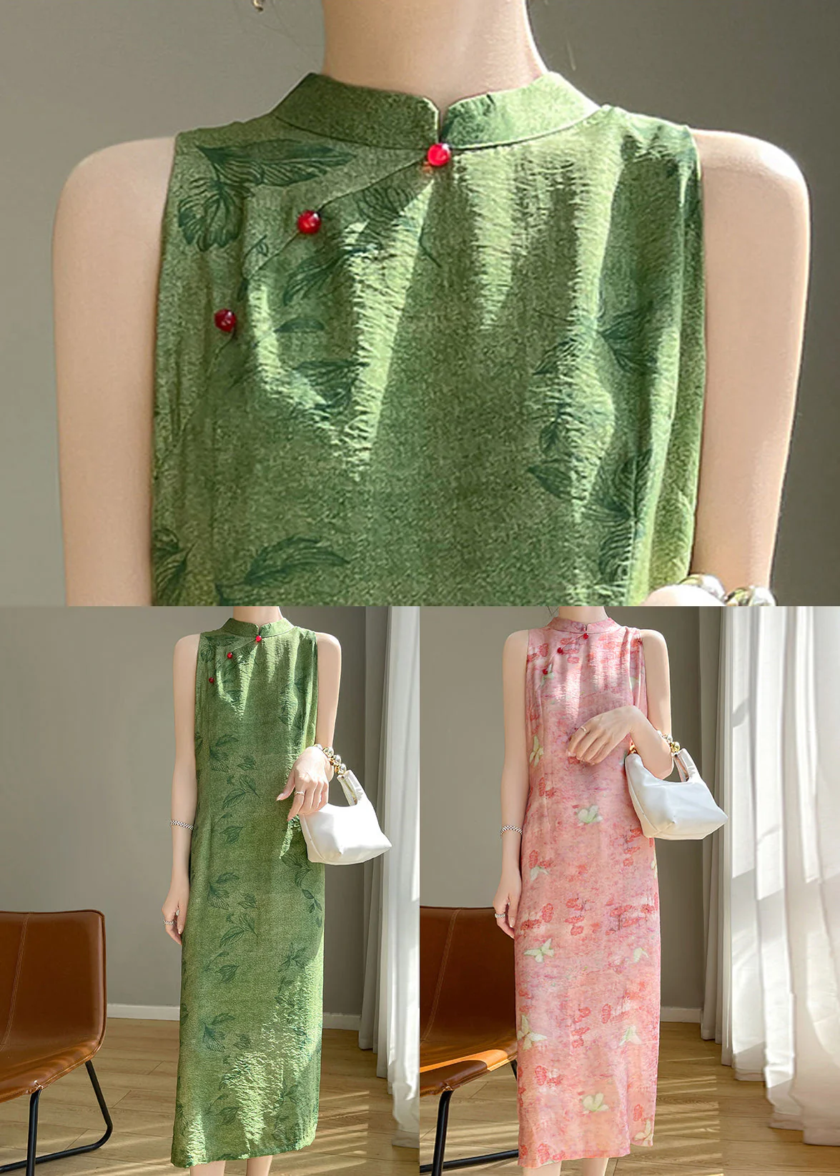 Pink Button Silk Cotton Long Dresses Stand Collar Summer - Image 5