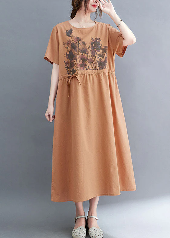 Pink Casual Cotton Cinch Dresses O-Neck Tie Waist Short Sleeve - Image 2
