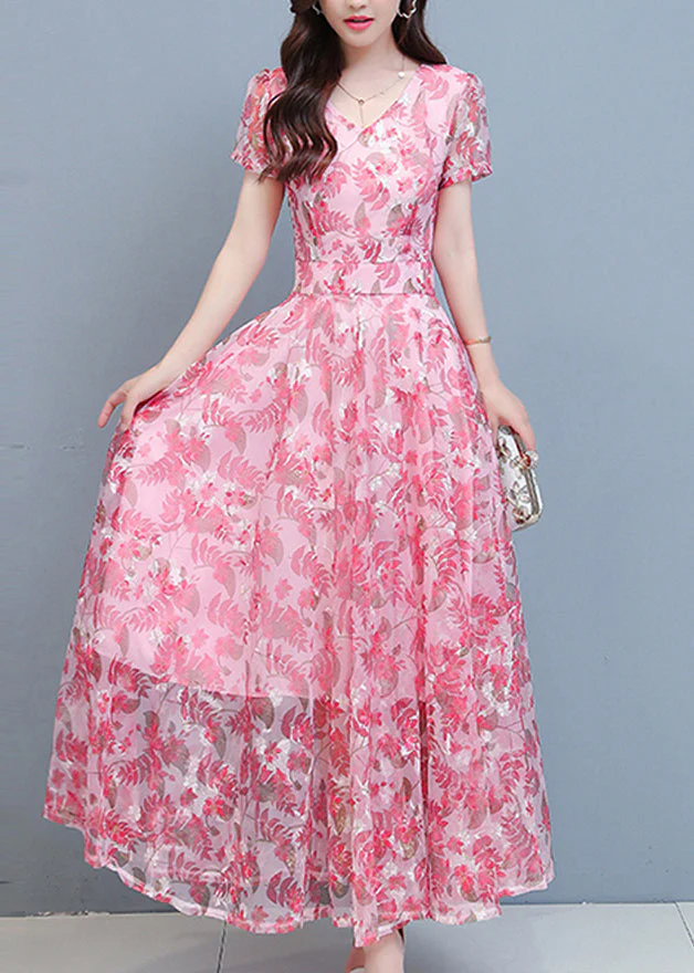 Pink Chiffon Holiday Maxi Dresses Short Sleeve - Image 2