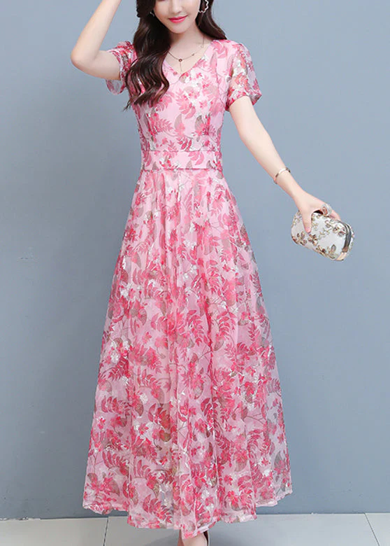 Pink Chiffon Holiday Maxi Dresses Short Sleeve - Image 3