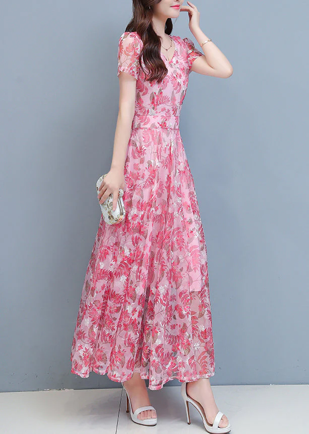 Pink Chiffon Holiday Maxi Dresses Short Sleeve - Image 4