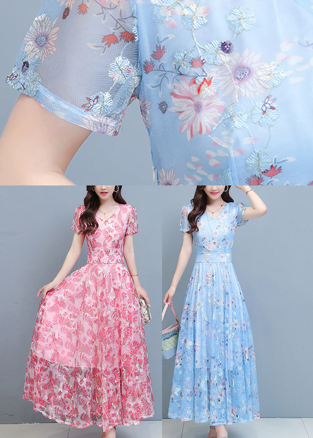 Pink Chiffon Holiday Maxi Dresses Short Sleeve - Image 5