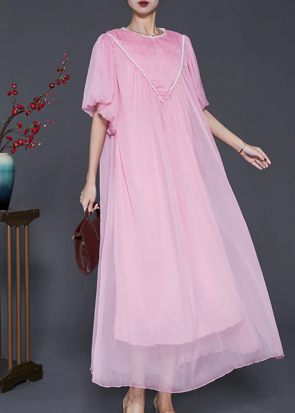 Pink Chiffon Maxi Dress Exra Large Hem Nail Bead Lantern Sleeve - Image 2
