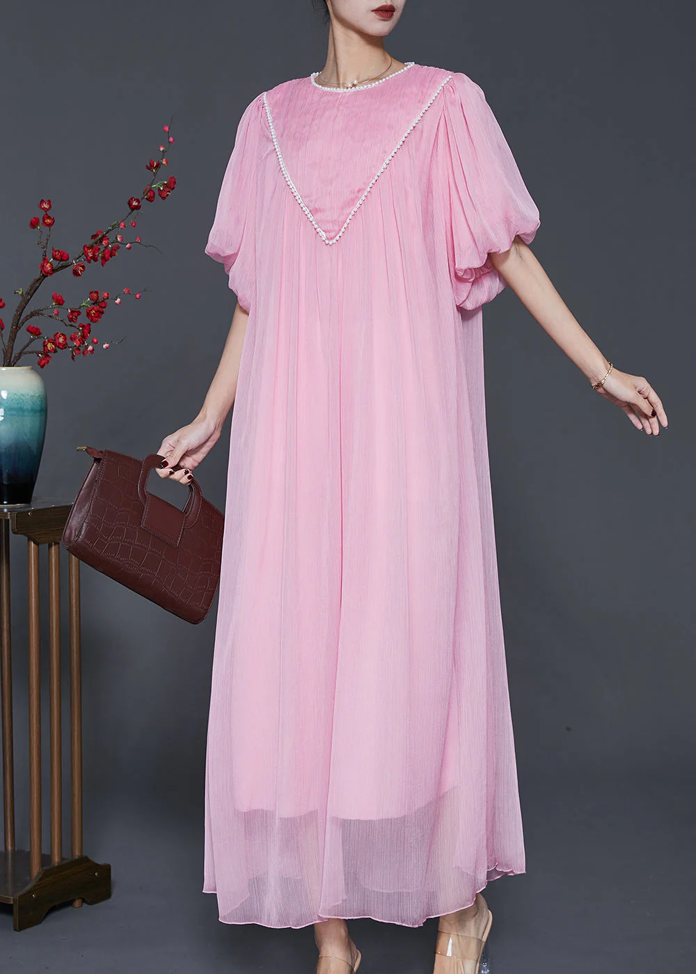 Pink Chiffon Maxi Dress Exra Large Hem Nail Bead Lantern Sleeve - Image 3