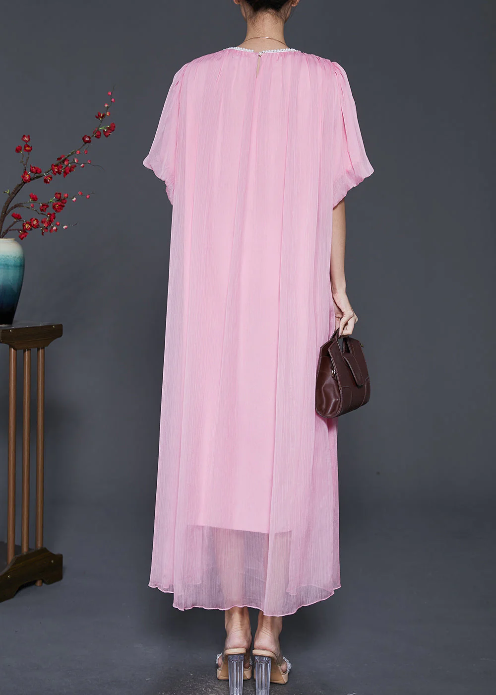 Pink Chiffon Maxi Dress Exra Large Hem Nail Bead Lantern Sleeve - Image 4