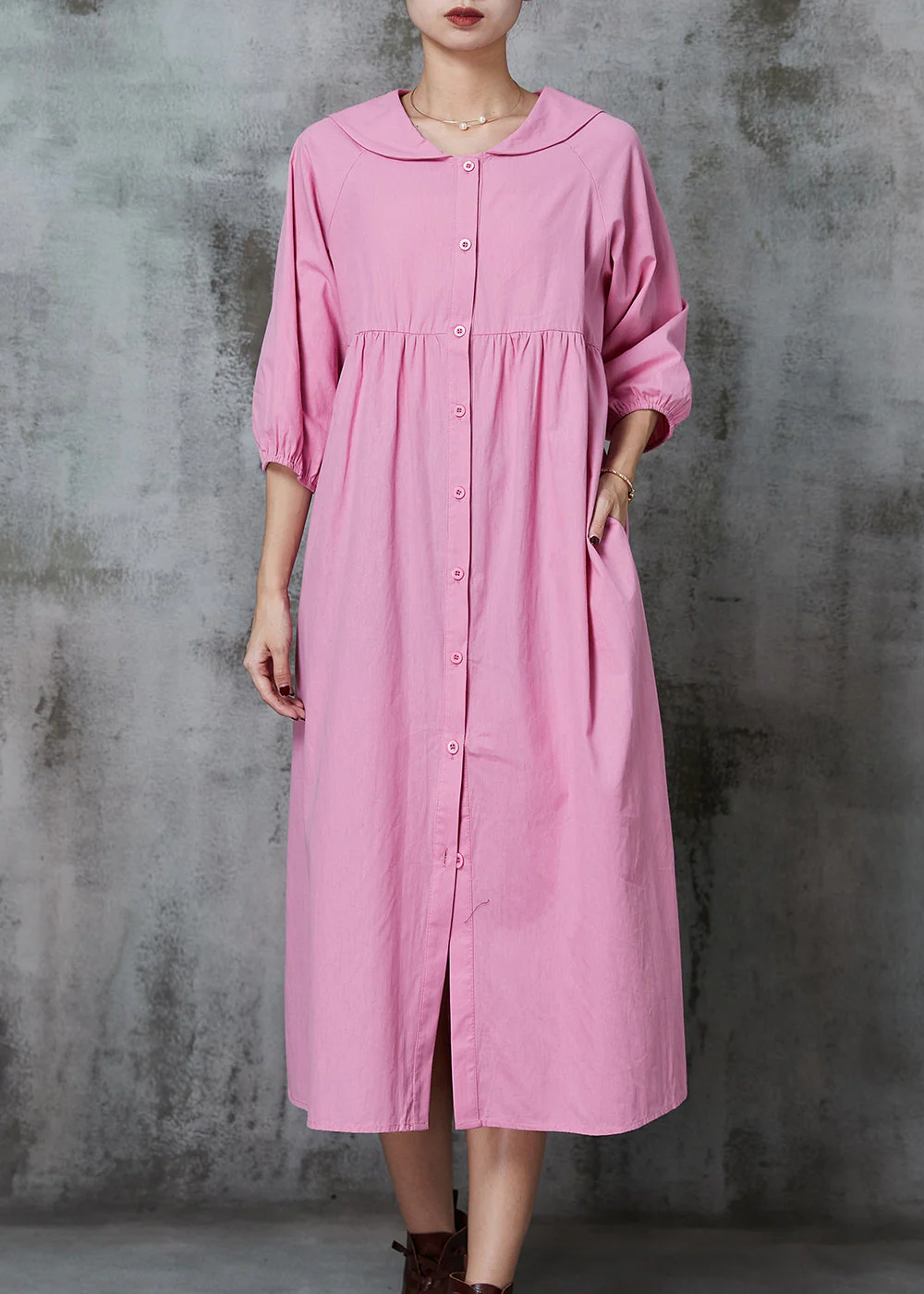 Pink Cotton Long Dresses Oversized Button Down Half Sleeve - Image 2