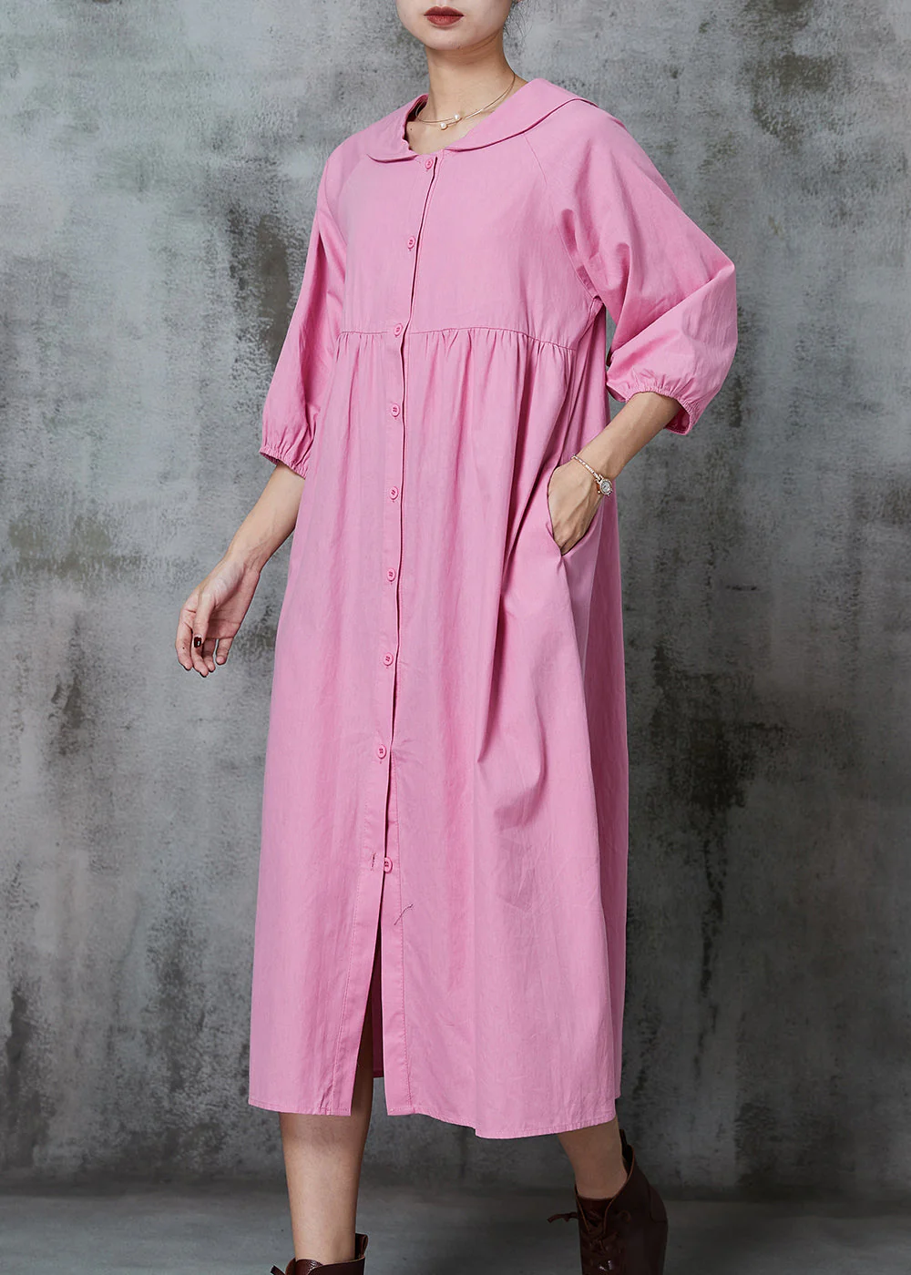 Pink Cotton Long Dresses Oversized Button Down Half Sleeve - Image 3