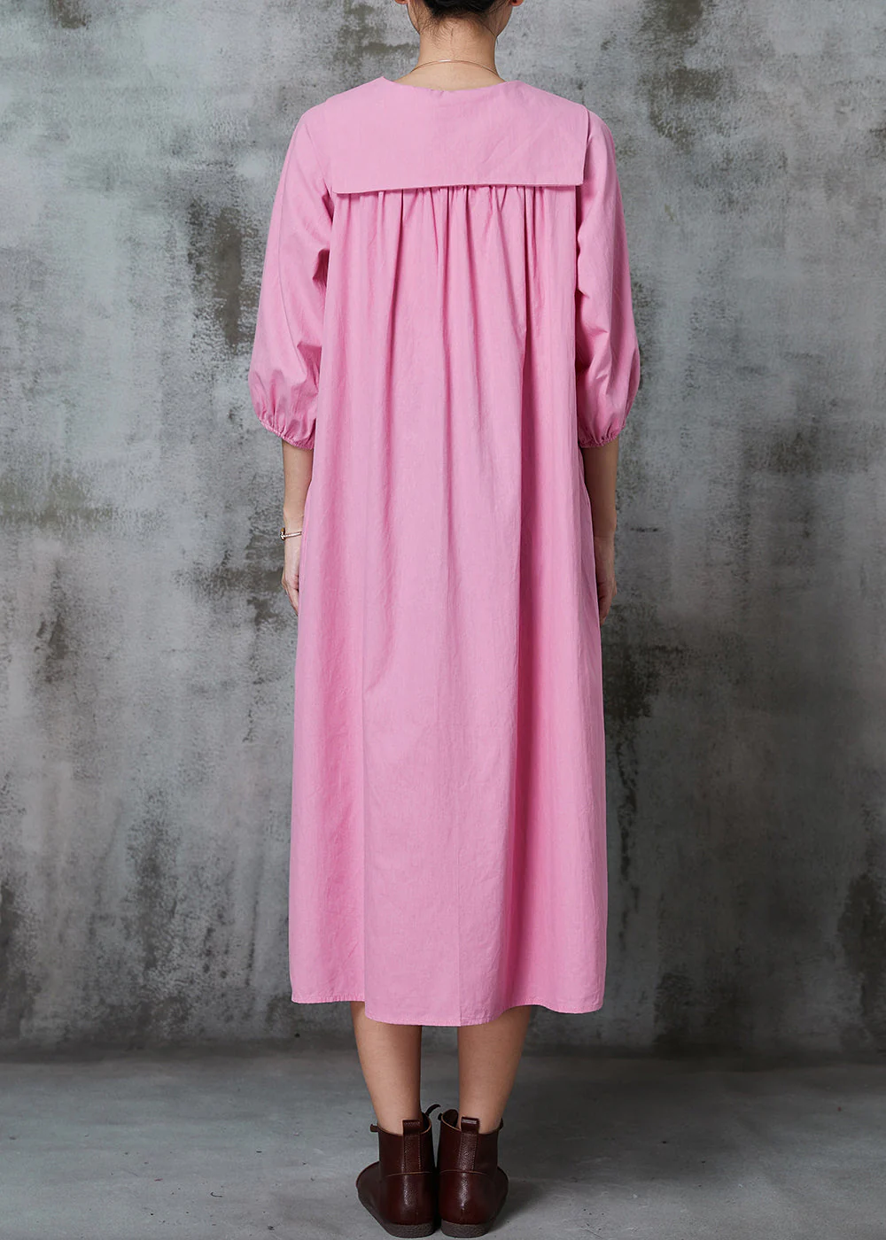 Pink Cotton Long Dresses Oversized Button Down Half Sleeve - Image 4