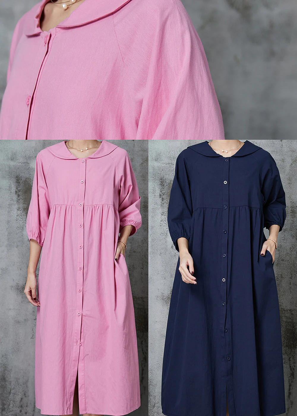 Pink Cotton Long Dresses Oversized Button Down Half Sleeve - Image 5