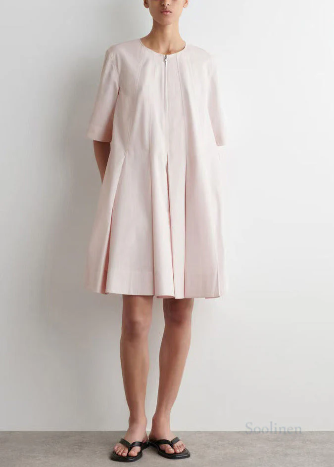 Pink Cotton Mini Dresses Zip Up Exra Large Hem Half Sleeve