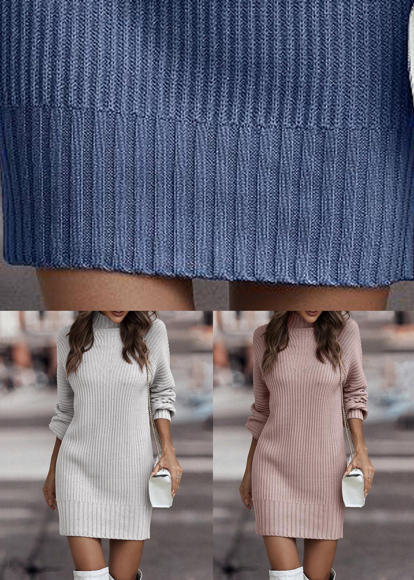 Pink Cozy Patchwork Knit Fall Dress Turtleneck - Image 5
