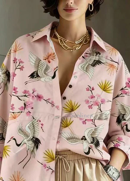 Pink Crane Peter Pan Collar Low High Design Cotton Shirt Long Sleeve - Image 2