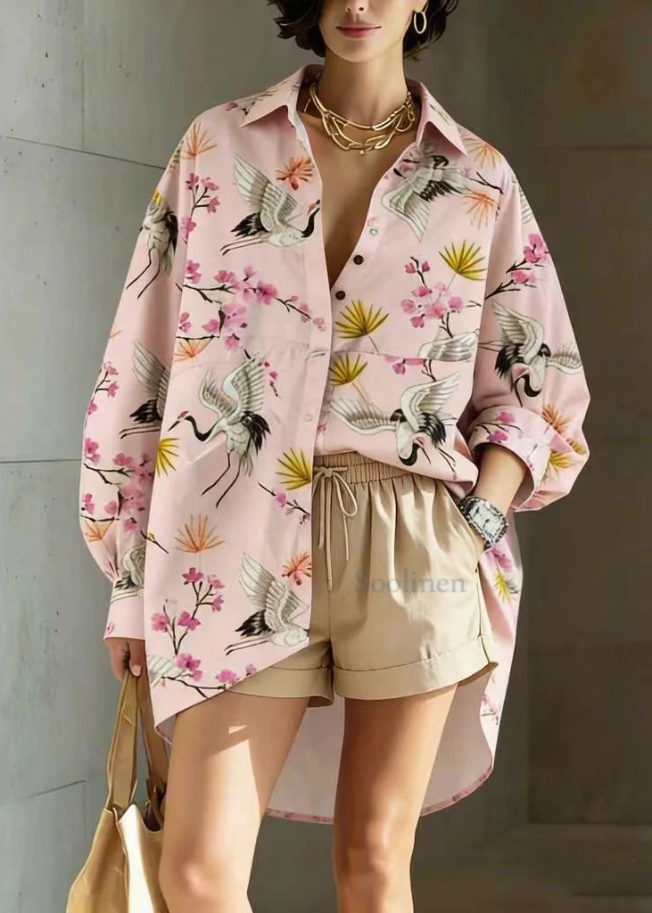 Pink Crane Peter Pan Collar Low High Design Cotton Shirt Long Sleeve - Image 5