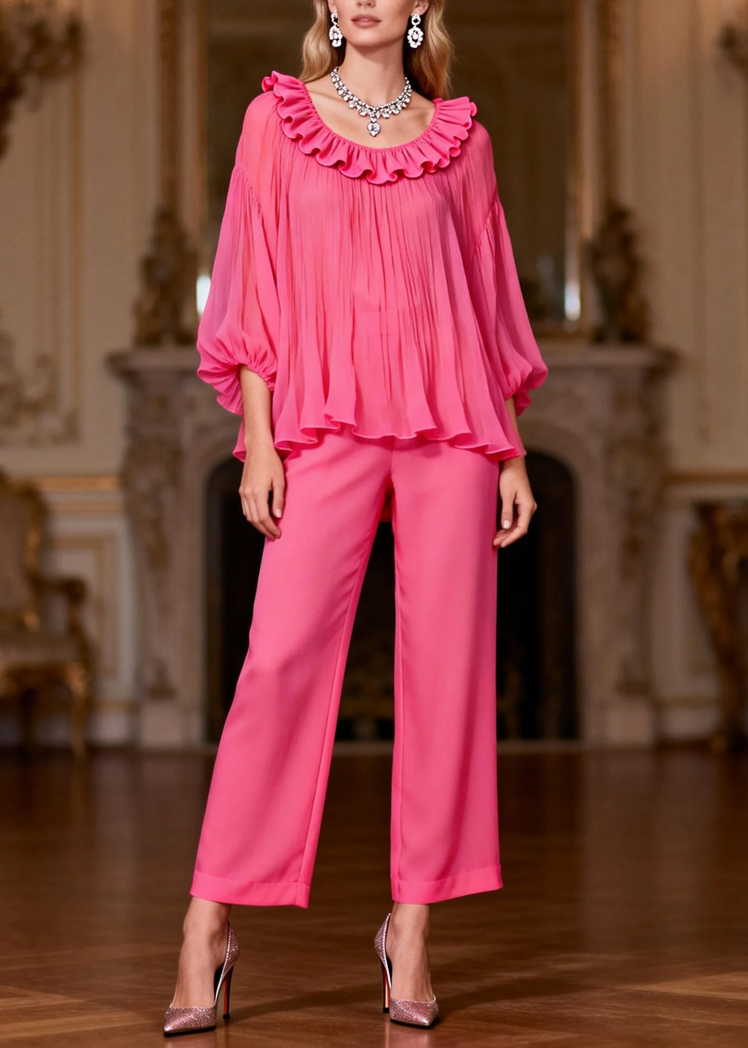 Pink High Waist Tops And Crop Pants Two-Piece Set Ruffled Bracelet Sleeve - Image 3