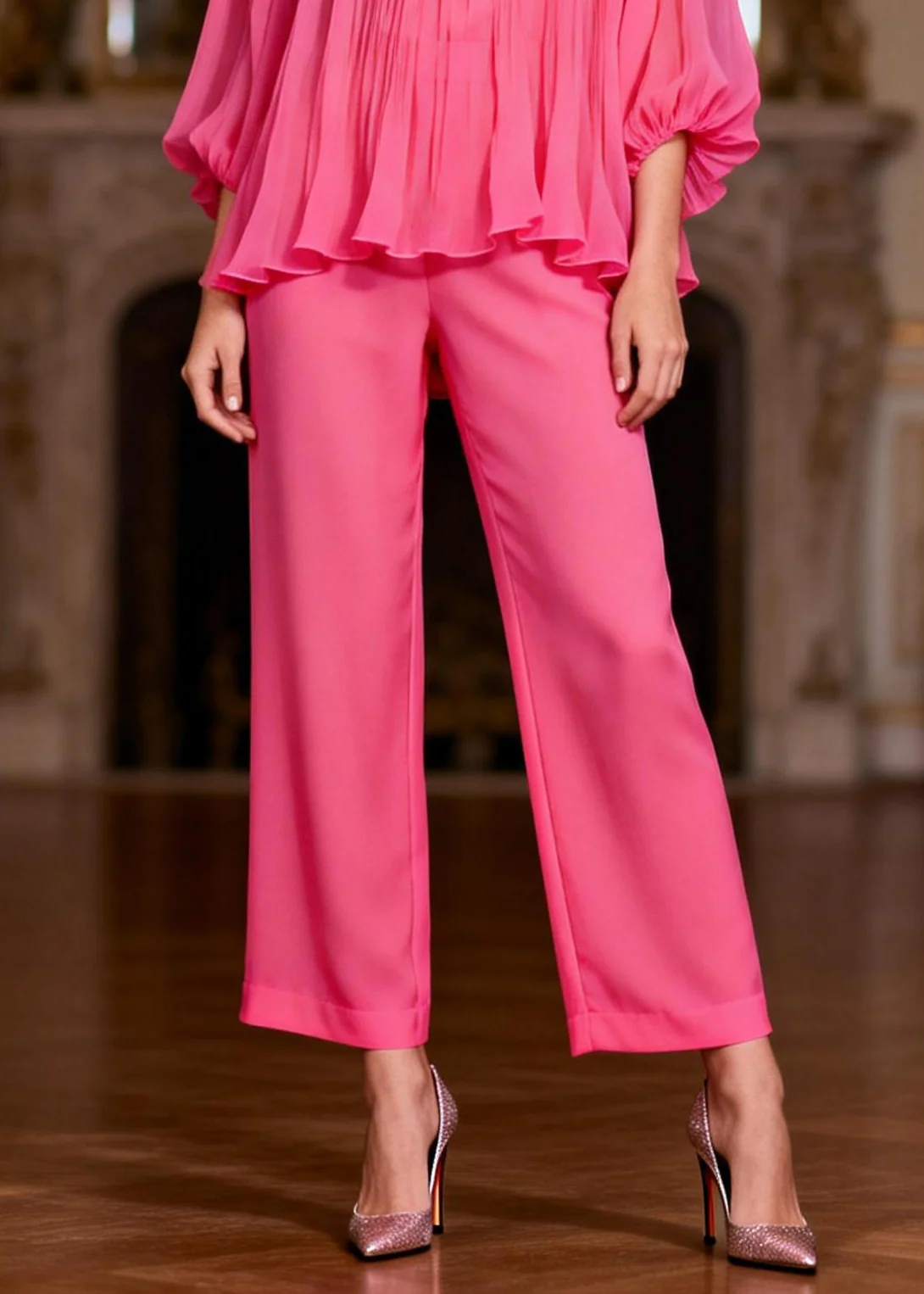 Pink High Waist Tops And Crop Pants Two-Piece Set Ruffled Bracelet Sleeve - Image 4