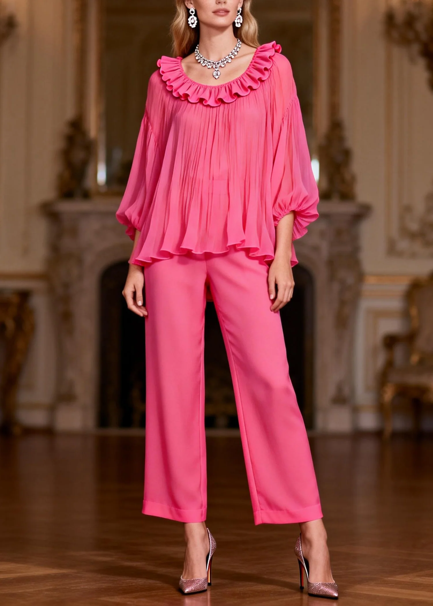 Pink High Waist Tops And Crop Pants Two-Piece Set Ruffled Bracelet Sleeve - Image 5