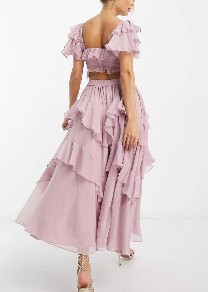 Pink Hollow Out Wrinkled Cotton Summer Dresses Square Collar - Image 3