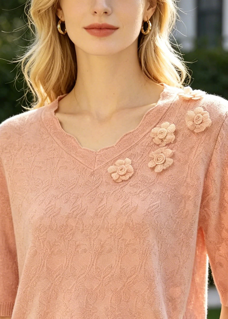 Pink Jacquard Knit Shirt Top Stereoscopic Floral Summer - Image 2