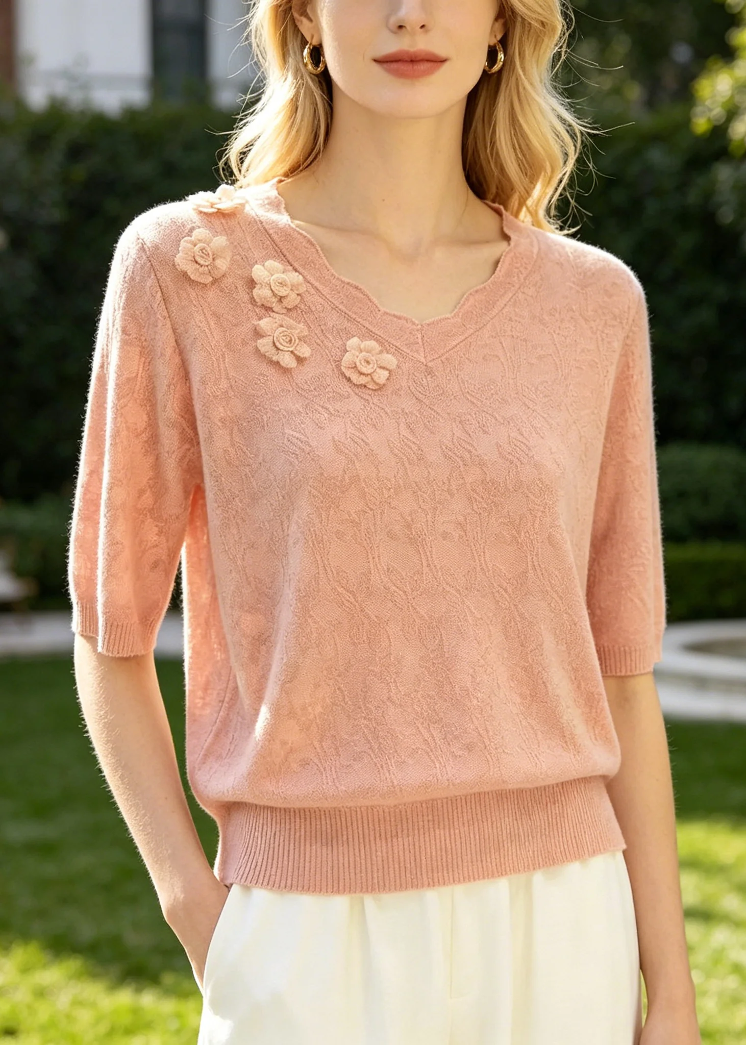 Pink Jacquard Knit Shirt Top Stereoscopic Floral Summer - Image 3