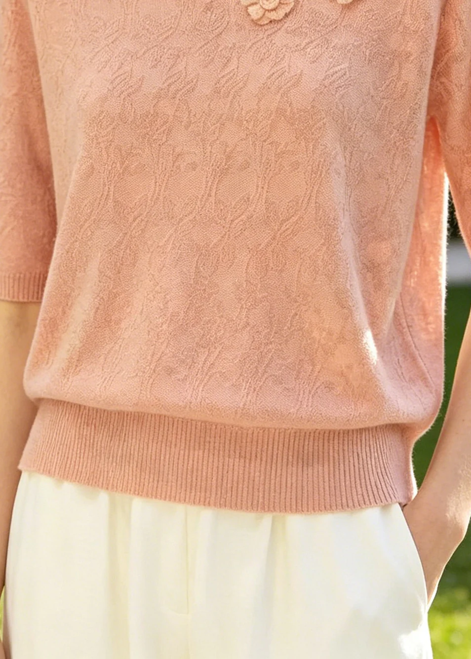Pink Jacquard Knit Shirt Top Stereoscopic Floral Summer - Image 4