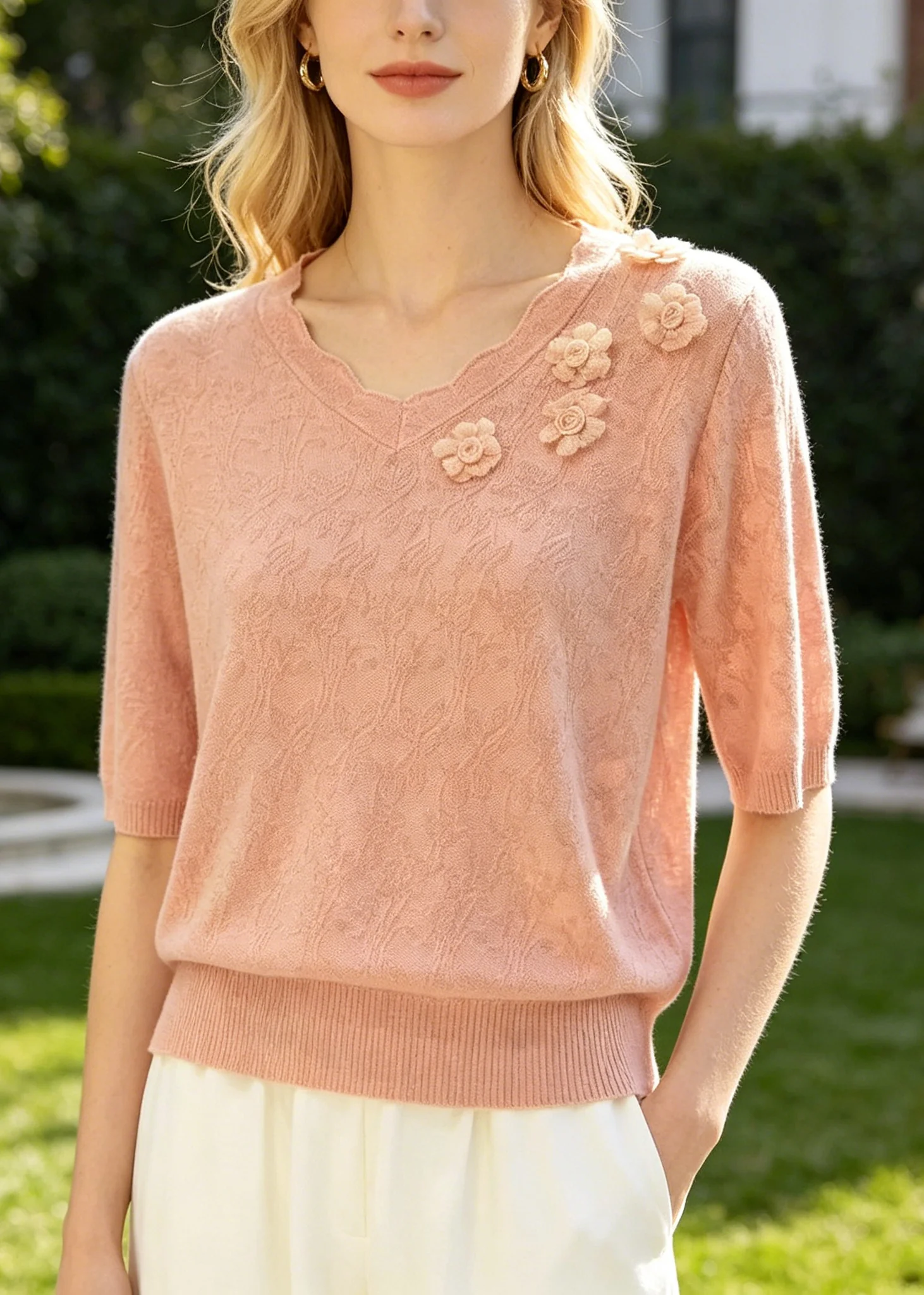Pink Jacquard Knit Shirt Top Stereoscopic Floral Summer - Image 5