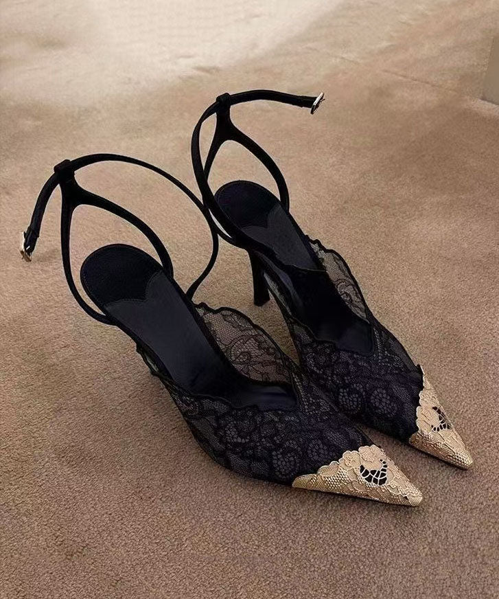 Pink Lace Splicing Buckle Strap Stiletto High Heels Pointed Toe - Image 2