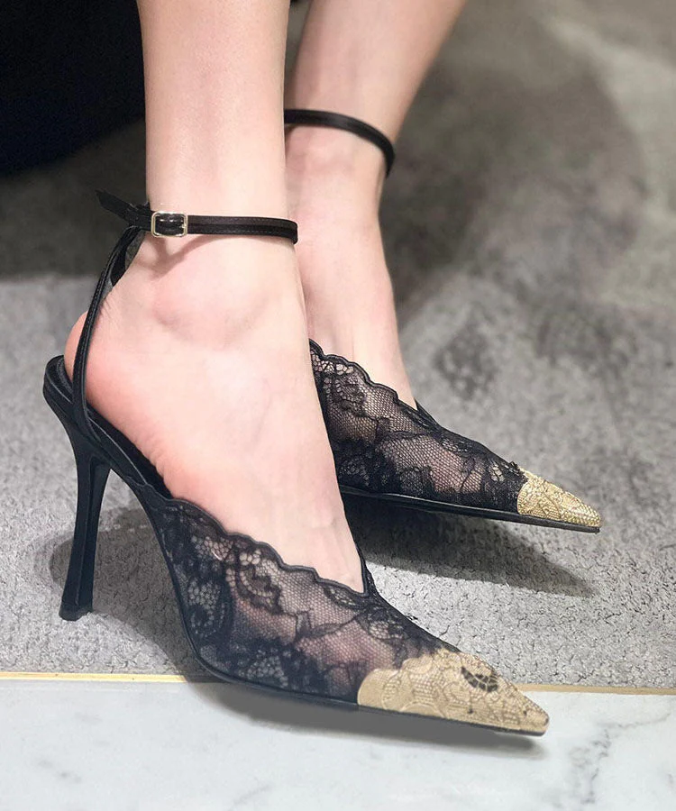 Pink Lace Splicing Buckle Strap Stiletto High Heels Pointed Toe - Image 4