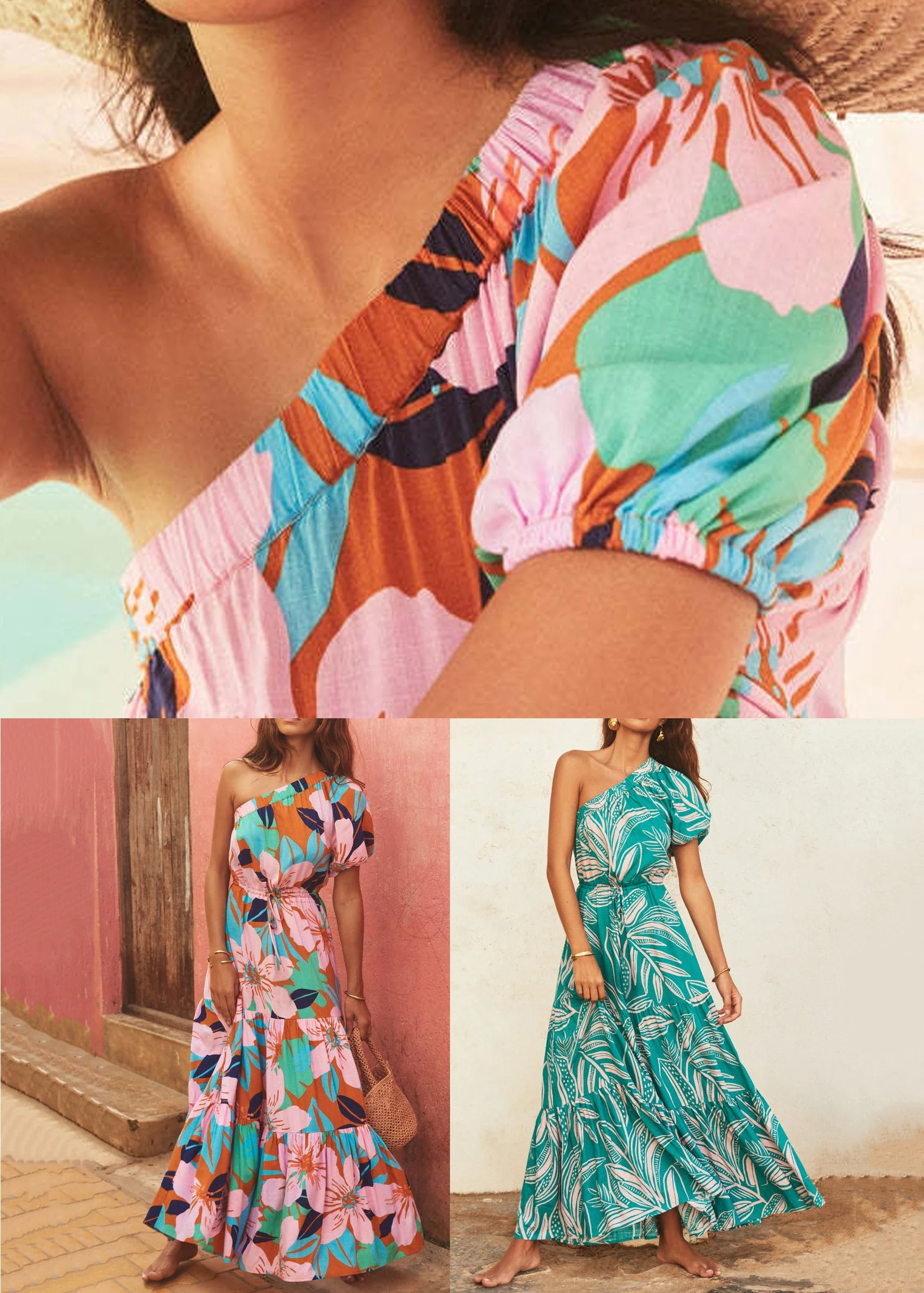 Pink Lace Up Cotton Long Dresses One Shoulder Summer - Image 5