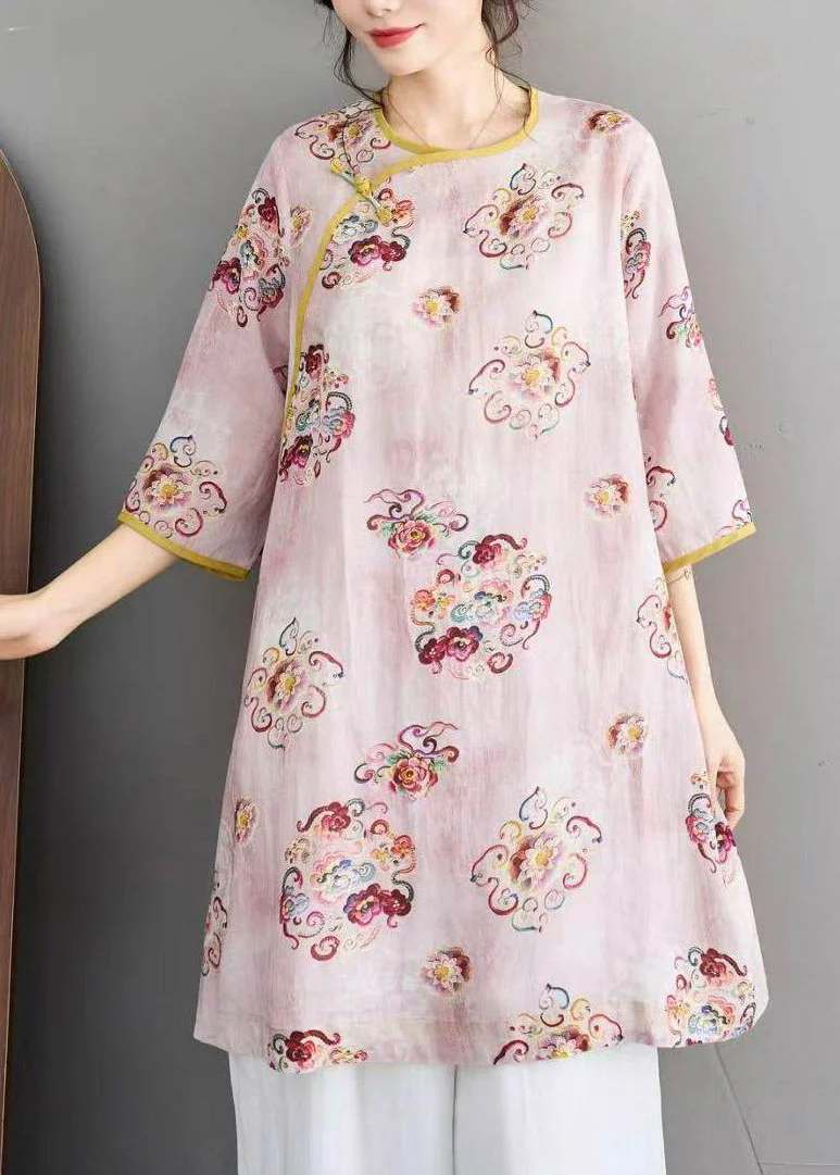 Pink O-Neck Button Linen Shirts Summer - Image 4