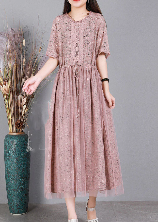 Pink O-Neck Embroideried Floral Tulle Long Dresses Summer - Image 3