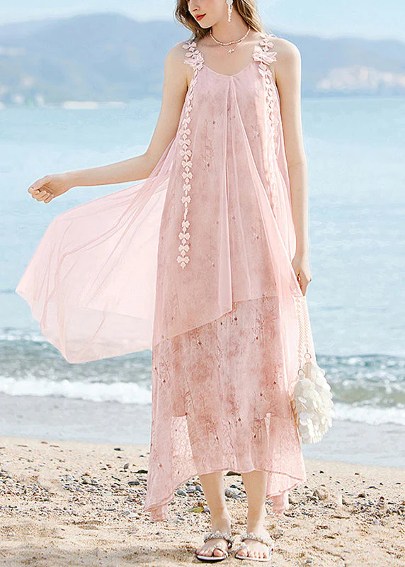 Pink O-Neck Tassel Silk Long Spaghetti Strap Dress Summer - Image 3