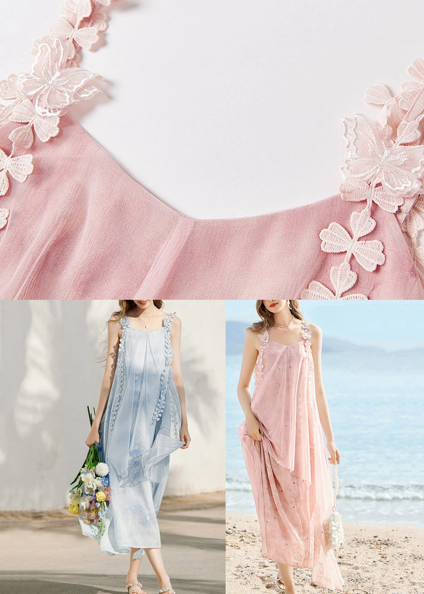 Pink O-Neck Tassel Silk Long Spaghetti Strap Dress Summer - Image 5